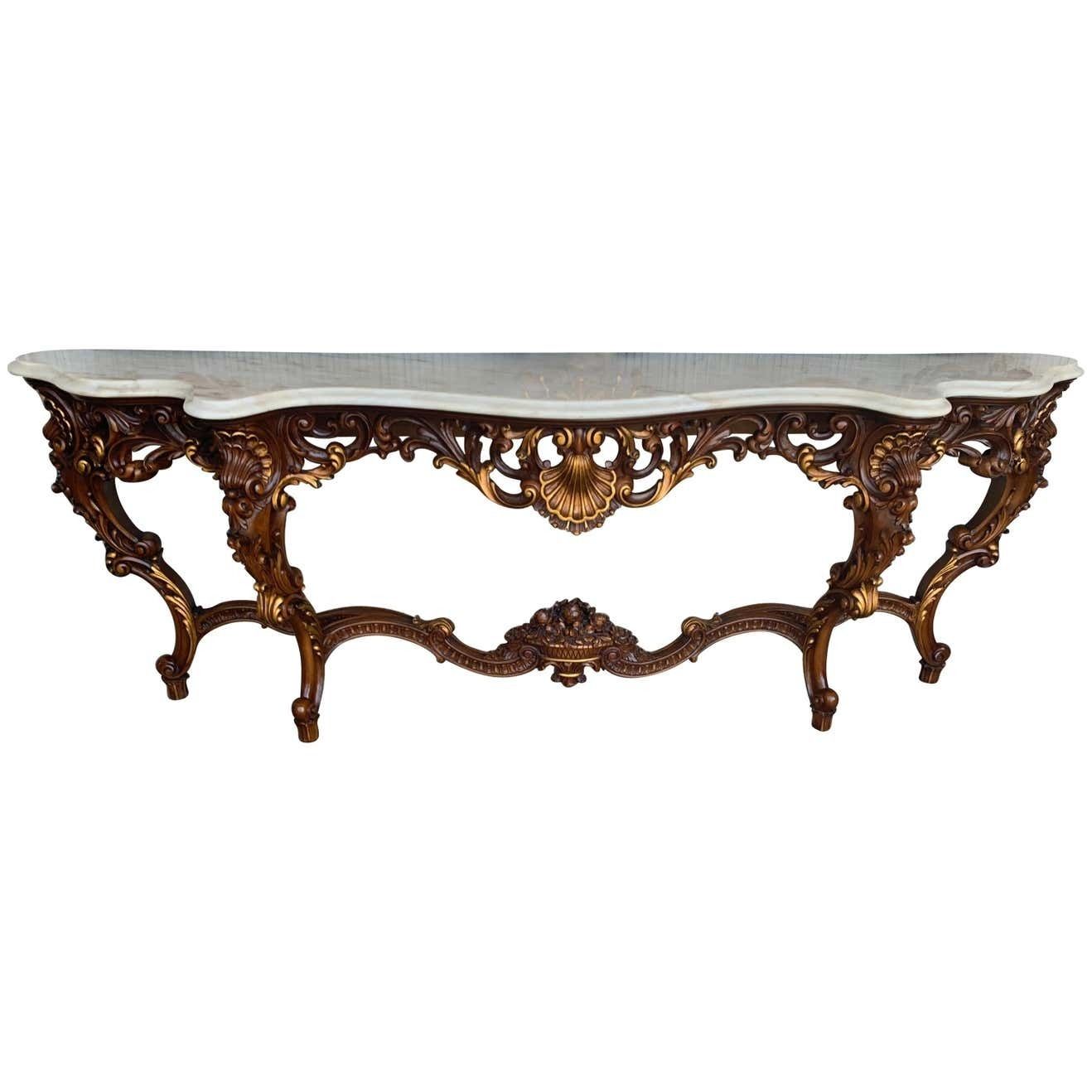 Console baroque espagnole du XXe siècle en noyer sculpté, ormolu et marbre