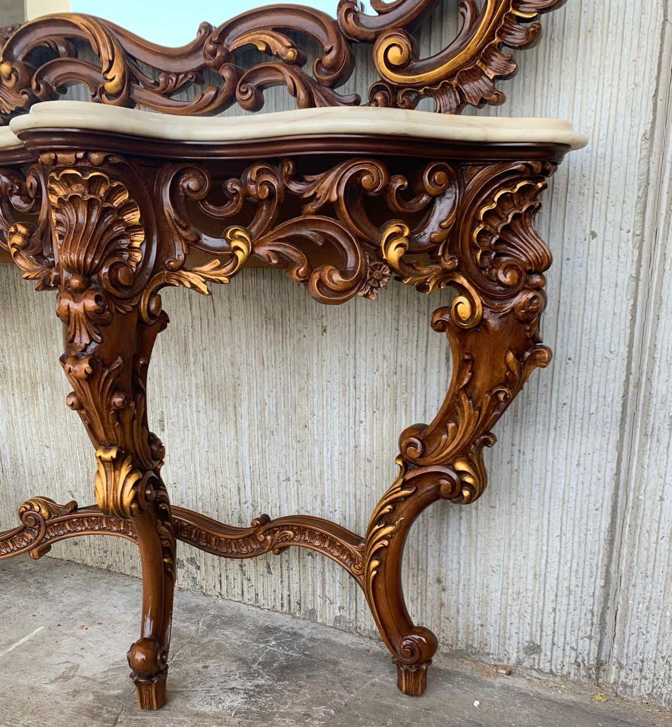 Console baroque espagnole du XXe siècle en noyer sculpté, ormolu et marbre photo 6242.0