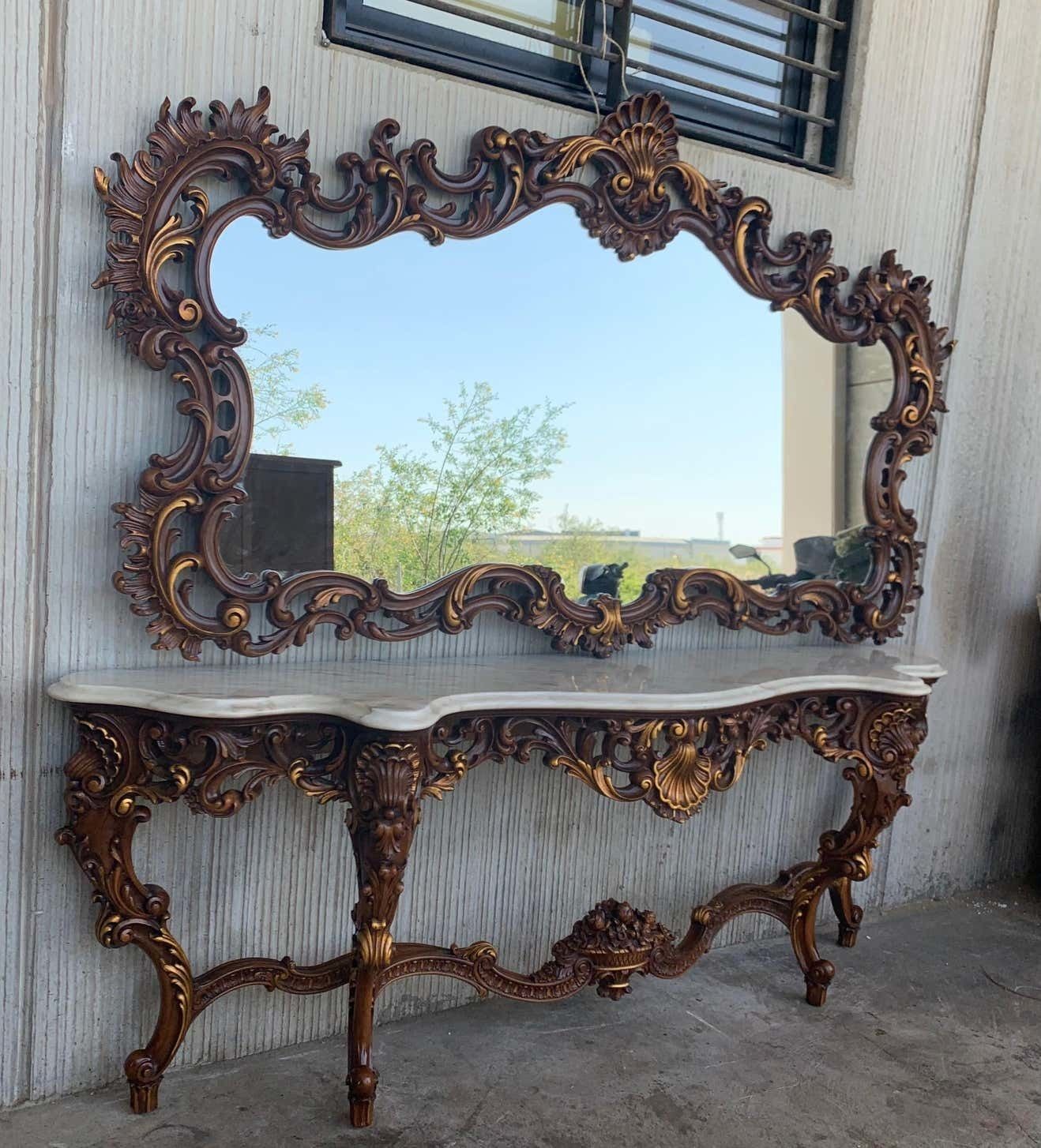 Spanish 20th Century Baroque Style Carved Walnut Ormolu And Marble Console Table photo vinterior