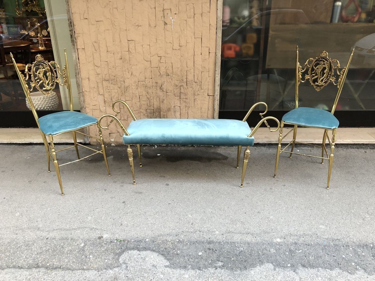Chiavari Chairs And Vintage Brass Ottoman, 1950s, Set Of 3 photo buy
