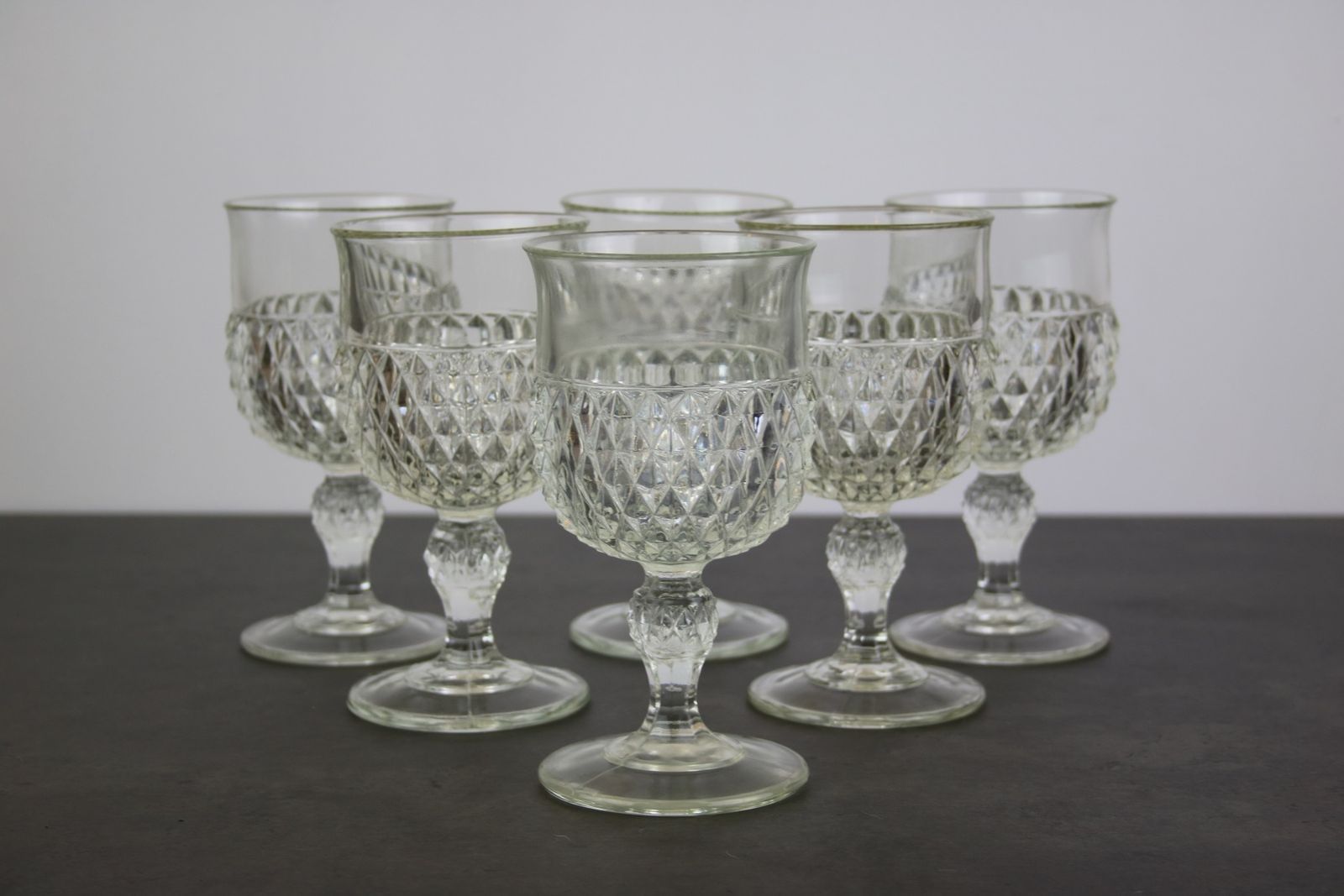 Set Of Six French Pressed Glass Wine Goblets