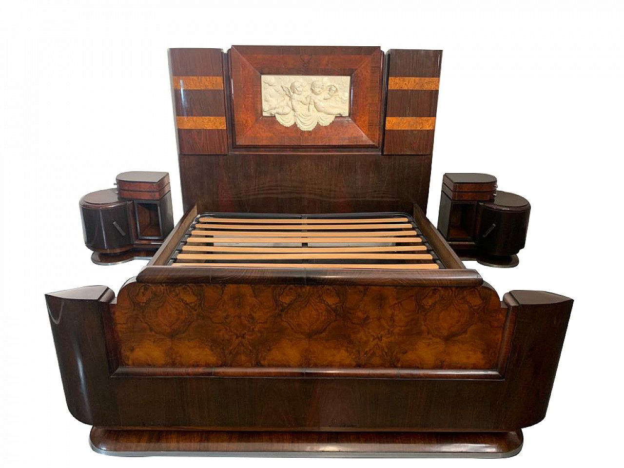 Bed And Bedside Tables In Rosewood, Walnut And Carved Cherubs, 20s