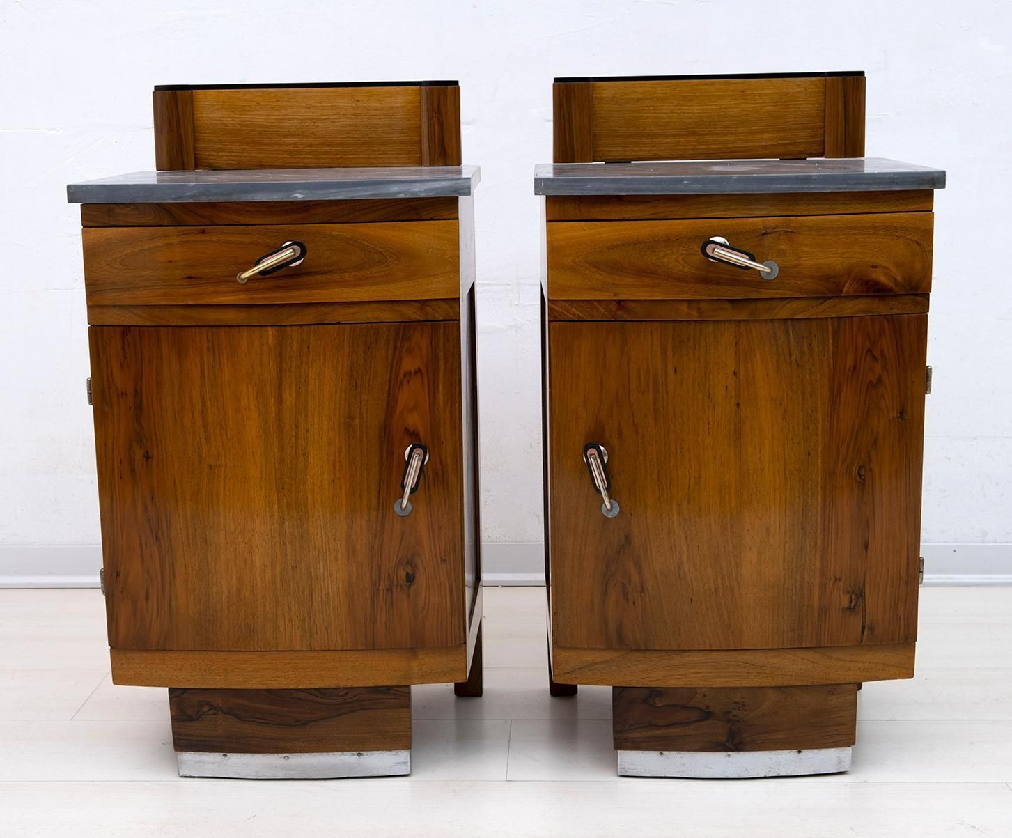 Pair Of Art Dèco Italian Walnut And Grafite Gray Marble Bedside Tables, 1920s