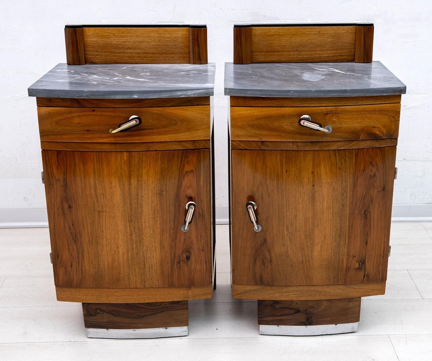 Pair Of Art Dèco Italian Walnut And Grafite Gray Marble Bedside Tables, 1920s photo for sale