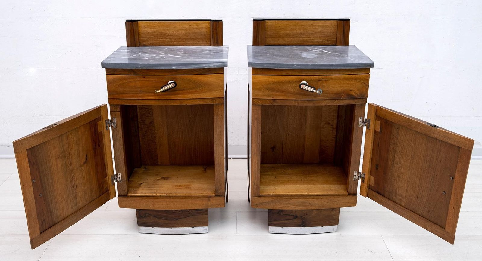 Pair Of Art Dèco Italian Walnut And Grafite Gray Marble Bedside Tables, 1920s photo buy