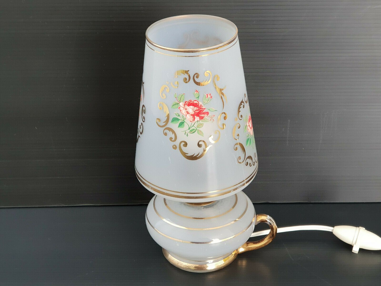 Vintage 1970 Lamp In Glass With Flower Decoration 70s 70s 1970s photo furniture