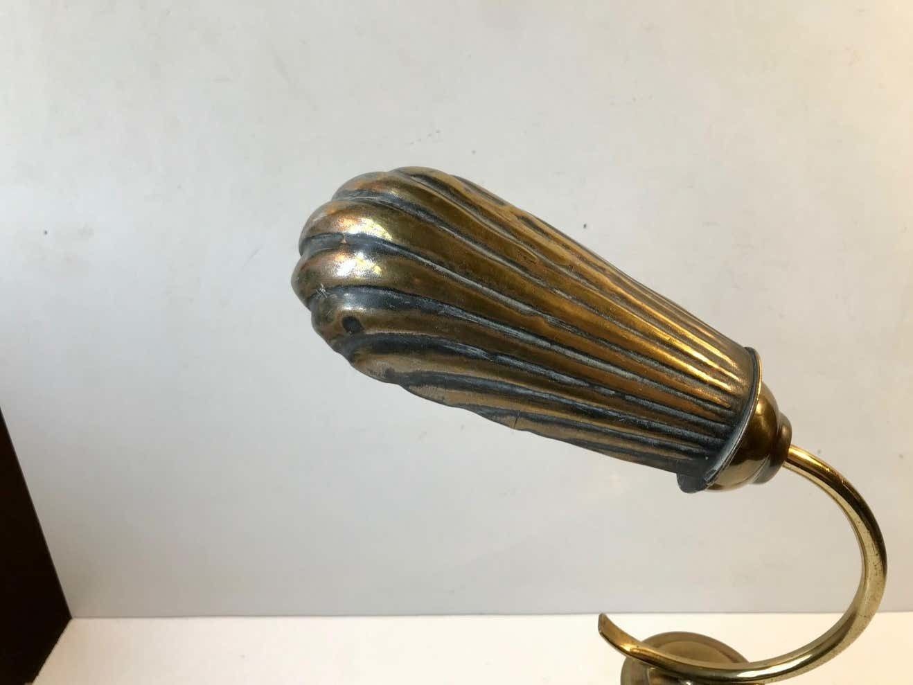 French Art Deco Clam Shell Table Light In Brass And Oak, 1930s photo furniture