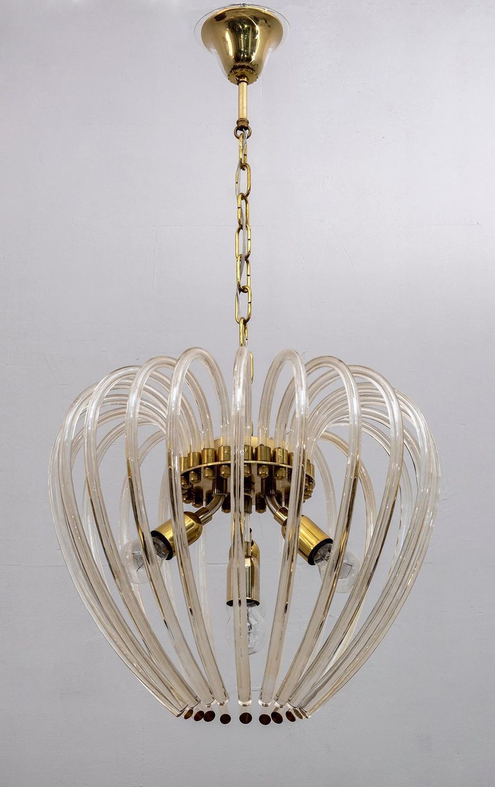 Venini Mid Century Modern Italian Murano Glass And Brass Chandelier, 1950s