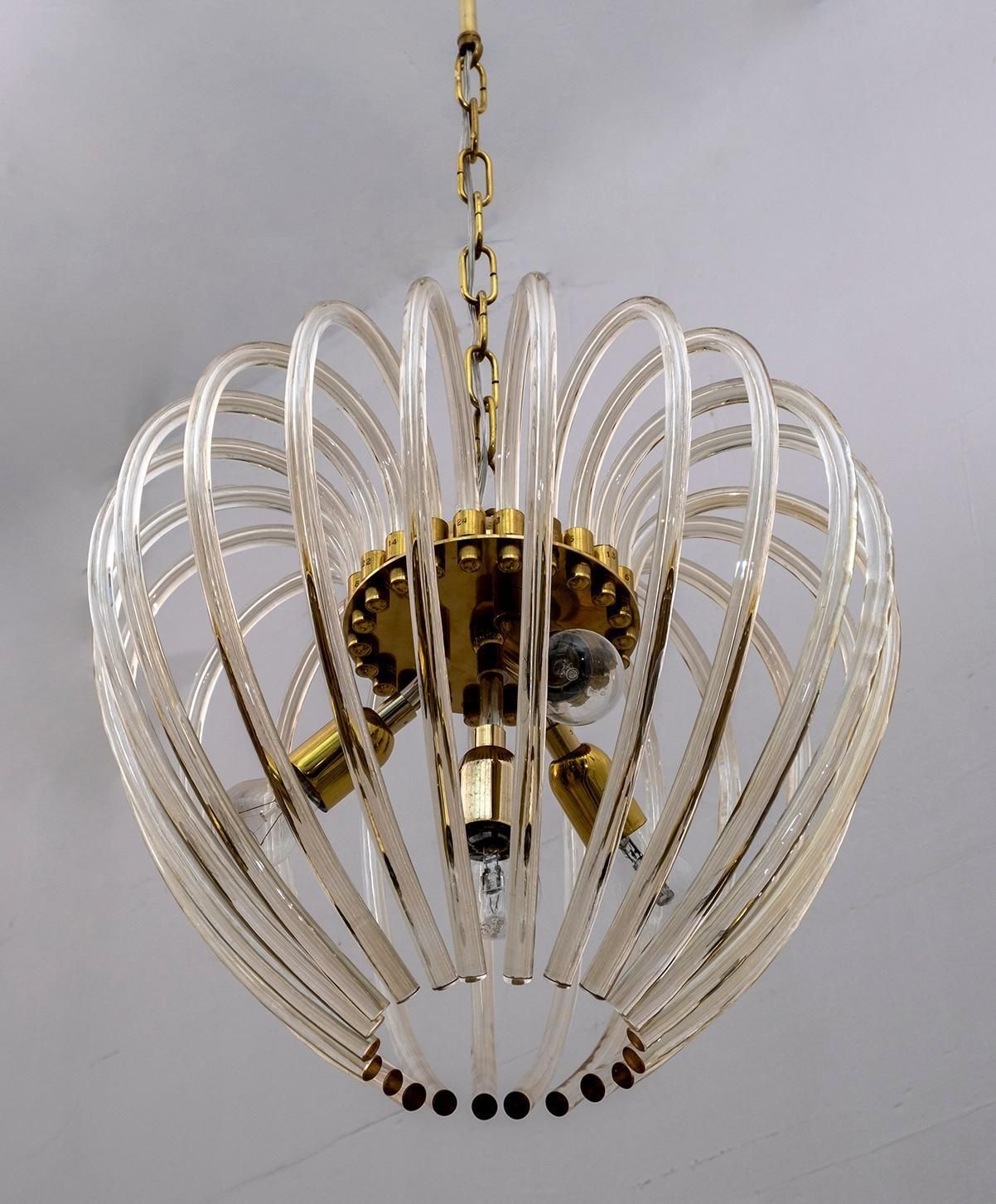 Venini Mid Century Modern Italian Murano Glass And Brass Chandelier, 1950s photo for sale