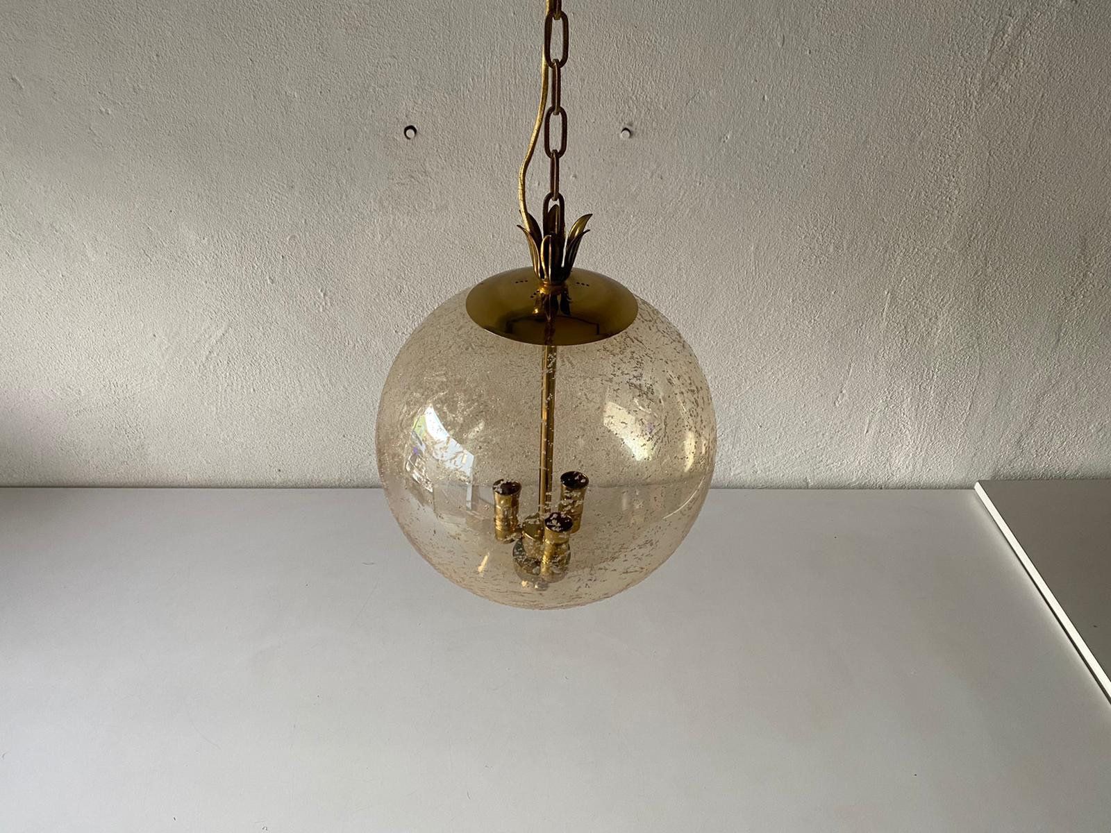 Fantastic Mid Century Modern Smoke Glass Pendant Lamp   Pomegranate Designed Brass Top And Bottom Details, 1960s, Germany photo vintage