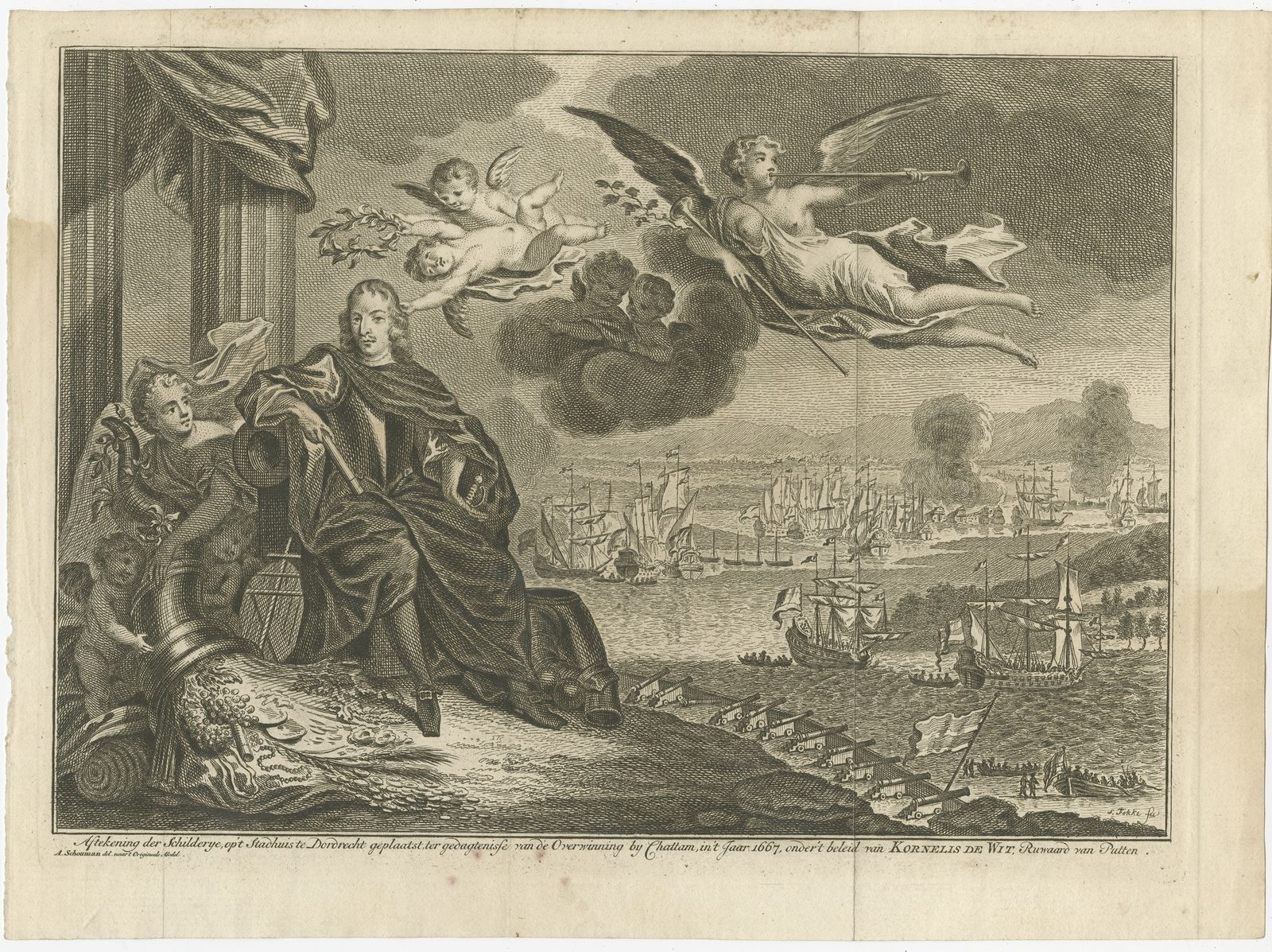 Antique Print Of The Battle Of Chattam By Fokke (C.1790)