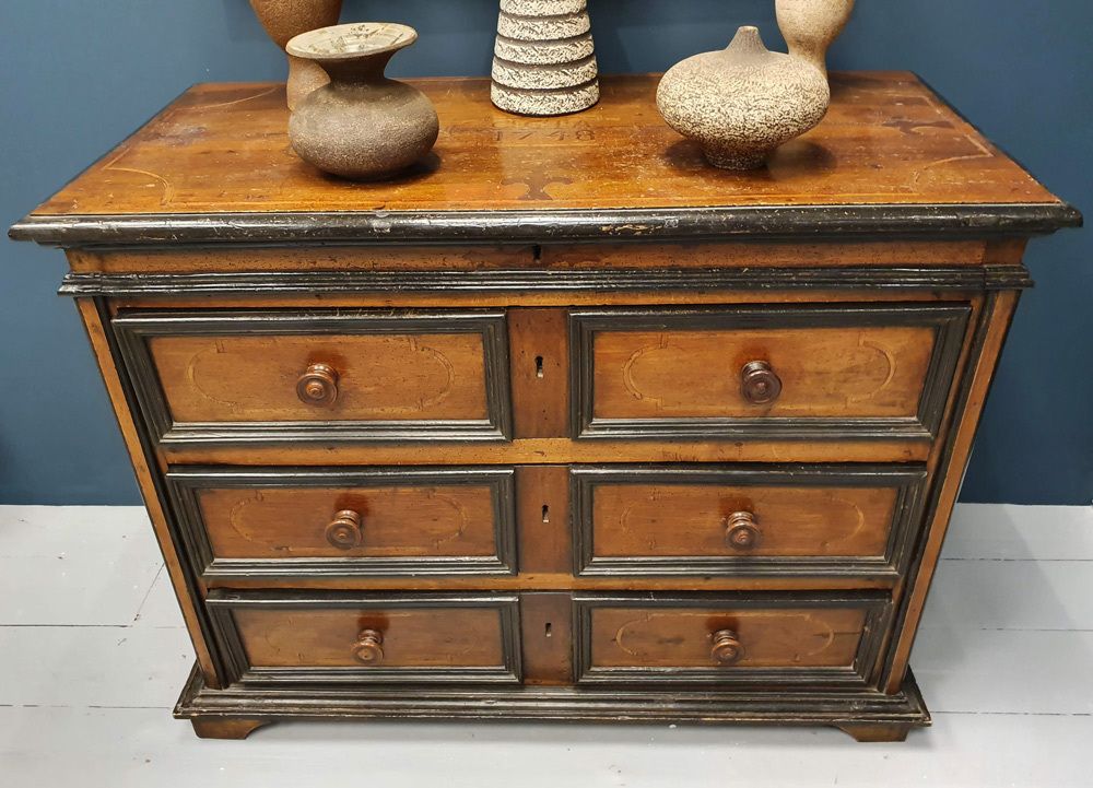 18th Century Italian Walnut And Ebonised Wood Chest Of Drawers Dated 1748 photo for sale