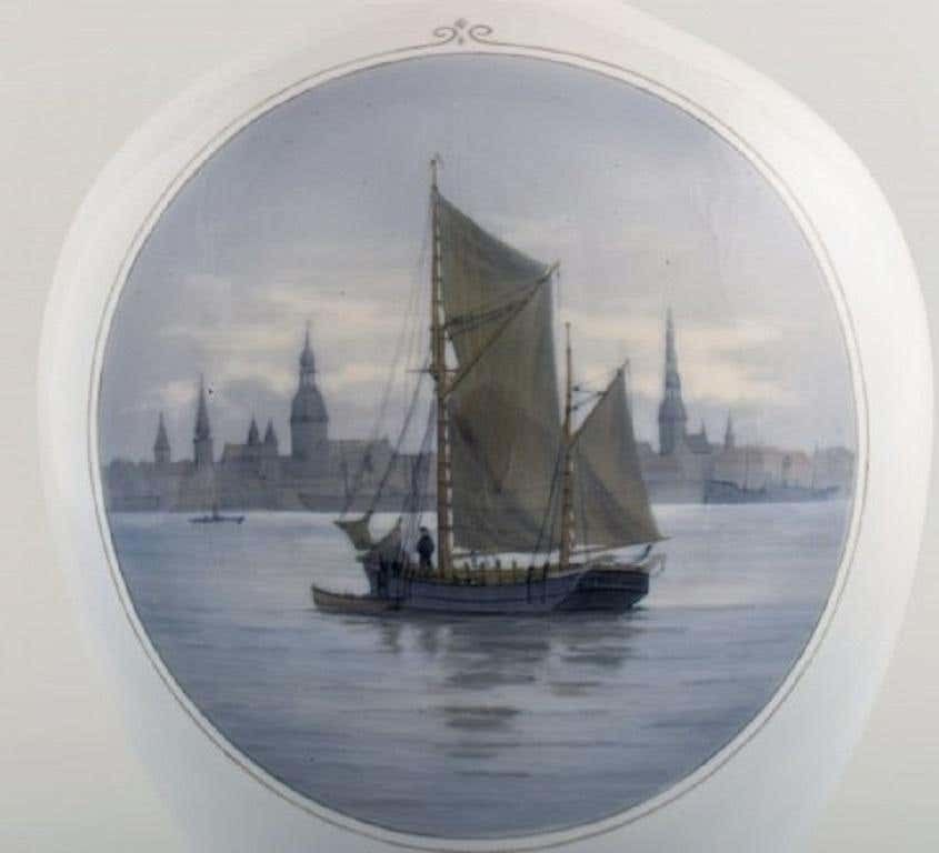 Large Royal Copenhagen Vase In Hand Painted Porcelain, Sailboat, 1920s photo for sale
