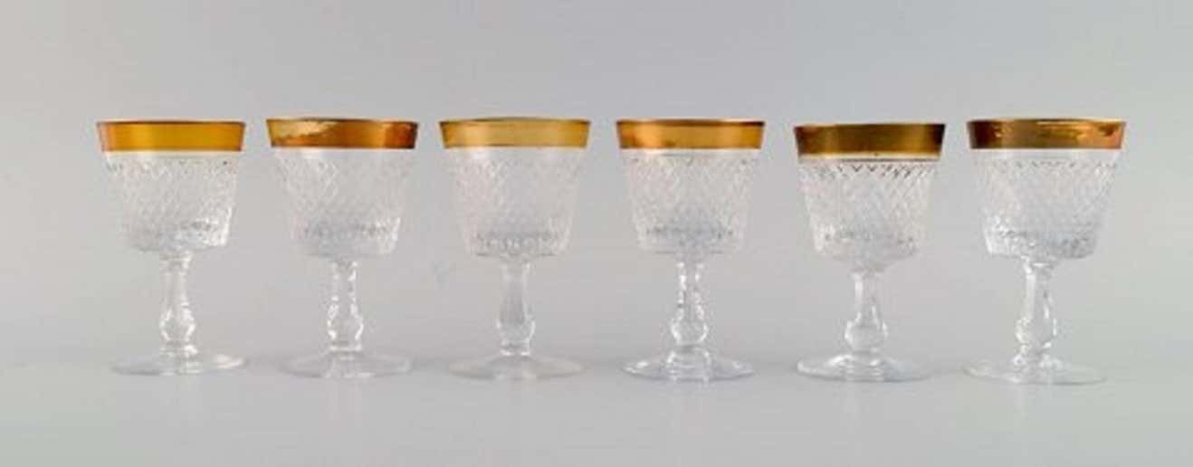 14 Glasses In Mouth Blown Crystal Glass With Gold Edge, France, 1930s