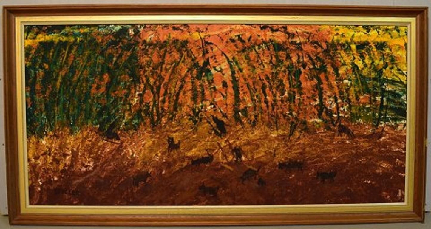 Göta Fogler Sweden Oil On Canvas Abstract Landscape With Animals photo furniture