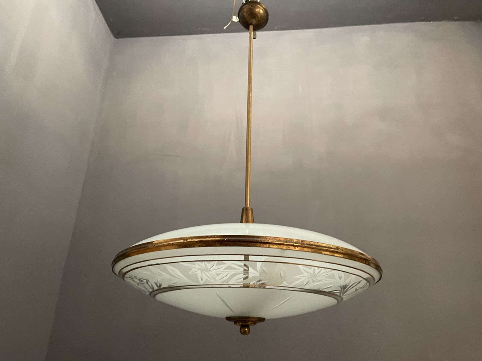 Italian Glass Etched Light Pendant 1950’s photo for sale