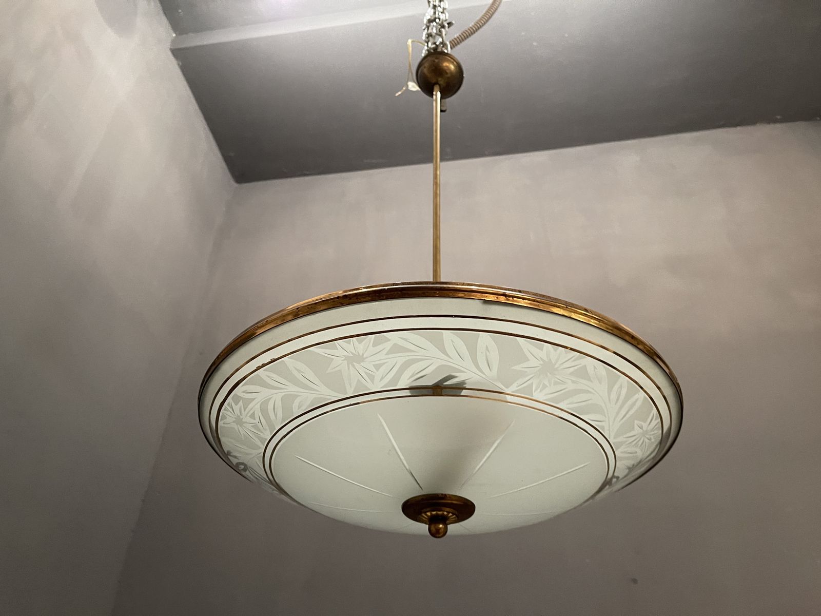 Italian Glass Etched Light Pendant 1950’s photo vintage