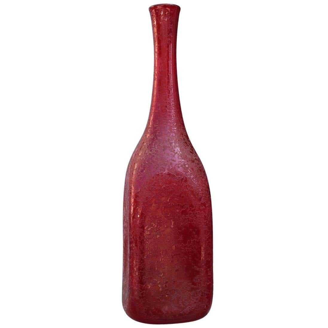 Seguso Corroded Cobalt Red Vase In The Shape Of A Bottle, 1960s
