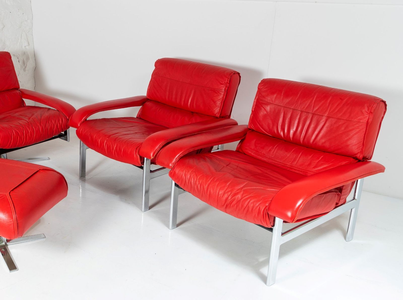 Mid Century Pieff Gamma Red Leather Tubular Chrome Suite Complete With Leather Swivel Chair Set And Leather Armchair Set And Leather Footstool photo Furniture