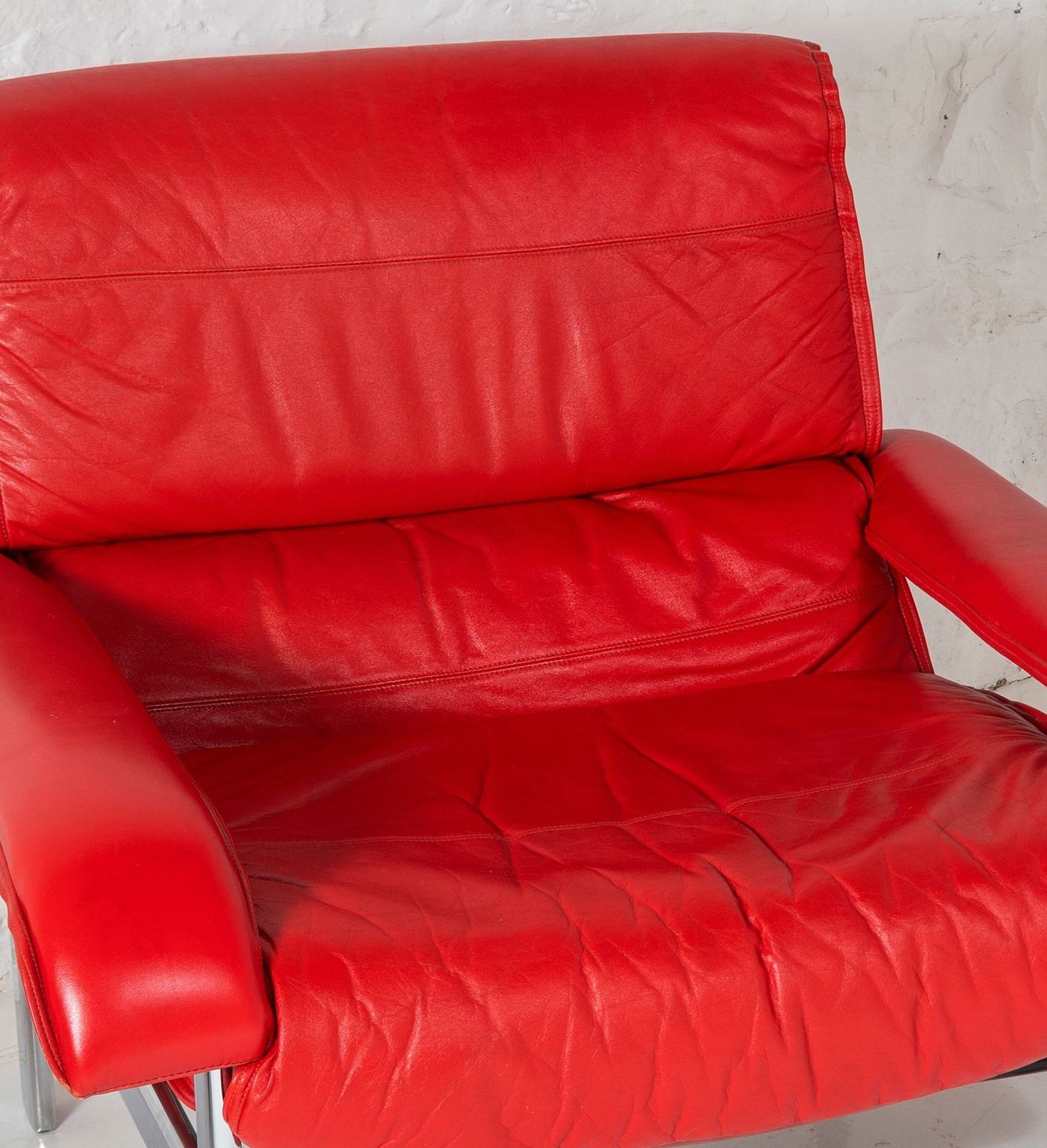 Mid Century Pieff Gamma Red Leather Tubular Chrome Suite Complete With Leather Swivel Chair Set And Leather Armchair Set And Leather Footstool photo vinterior