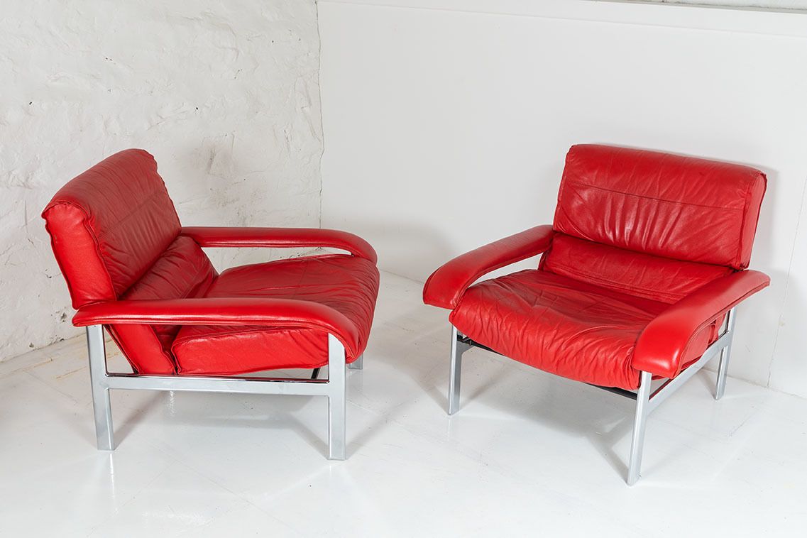 5250.0 Mid Century Pieff Gamma Red Leather Tubular Chrome Suite Complete With Leather Swivel Chair Set And Leather Armchair Set And Leather Footstool photo