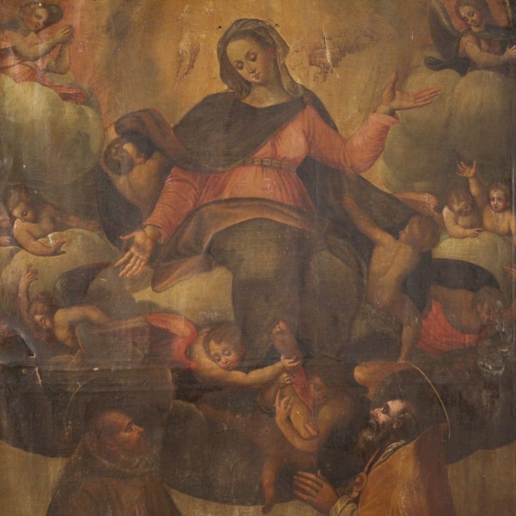Antique Italian Religious Painting Virgin With Angels And Saints From 18th Century