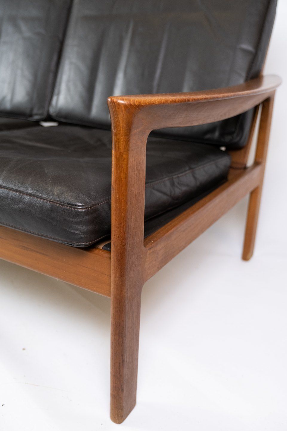 Three Seater Sofa In Teak And Upholstered With Black Leather, Designed By Arne Vodder And Manufactured By Komfort In The 1960s. photo buy