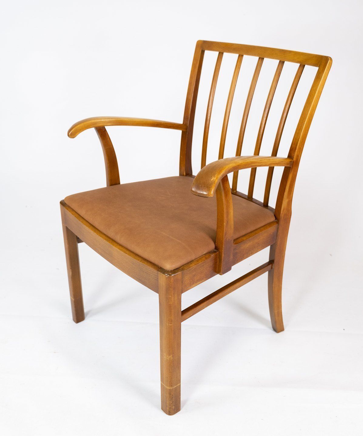 Set Of Two Armchairs In Light Wood And Upholstered With Light Brown Leather By A Danish Master Carpenter From The 1940s. photo for sale