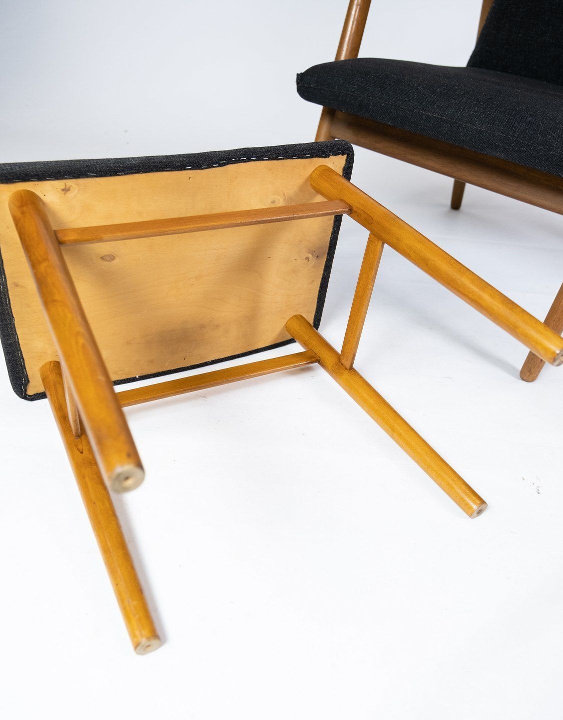 photo furniture Armchair With Stool In Teak And Dark Wool Fabric Of Danish Design From The 1960s.