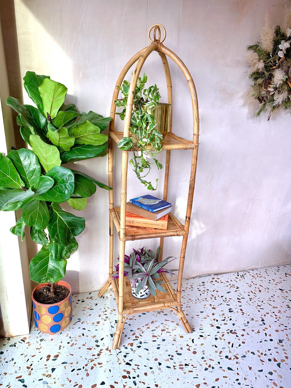 Mid Century Freestanding Arched Bamboo Etagere Shelving Unit With Large Woven Detail Shelves photo furniture