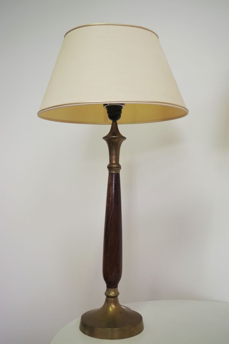 Lampade In Mogano, Brass & Cotton Hats Di Abat Jour, Anni '50, Set Di 2