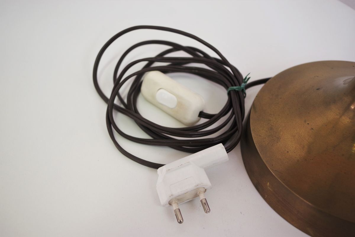 photo vintage Lampade In Mogano, Brass & Cotton Hats Di Abat Jour, Anni '50, Set Di 2
