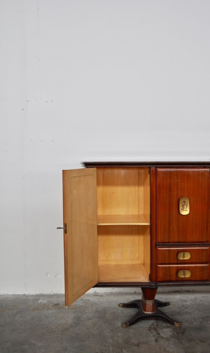 Credenza Con Cassetti In Pera Di Mogano, Ottone E Vetro Con Disegni Allegorici E Flash Interni Di F.Lli Rigamonti Desio, Milano, Anni '40 photo buy