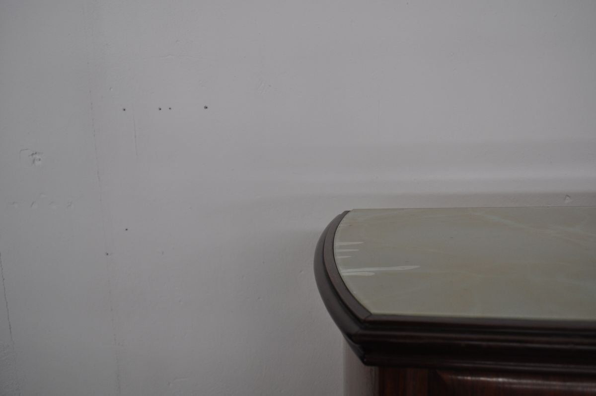 photo for sale Credenza Con Cassetti In Pera Di Mogano, Ottone E Vetro Con Disegni Allegorici E Flash Interni Di F.Lli Rigamonti Desio, Milano, Anni '40