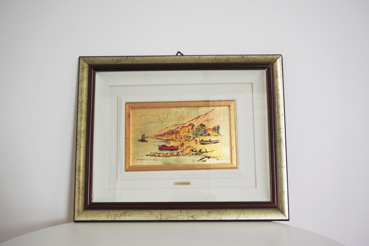 photo vintage Immagini Incorniciate Italiane Con Foglie D'oro Di R. Pighetti, Anni '70, Set Di 2