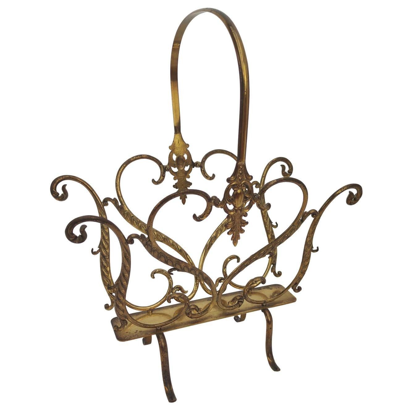 1950s Italian Midcentury Neoclassical Regency Brass Magazine Stand Or Rack