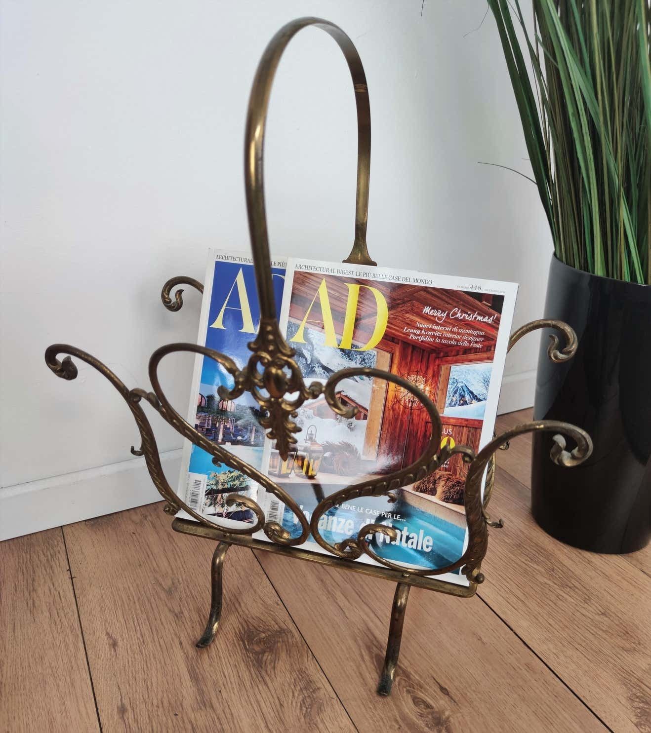 1950s Italian Midcentury Neoclassical Regency Brass Magazine Stand Or Rack photo for sale