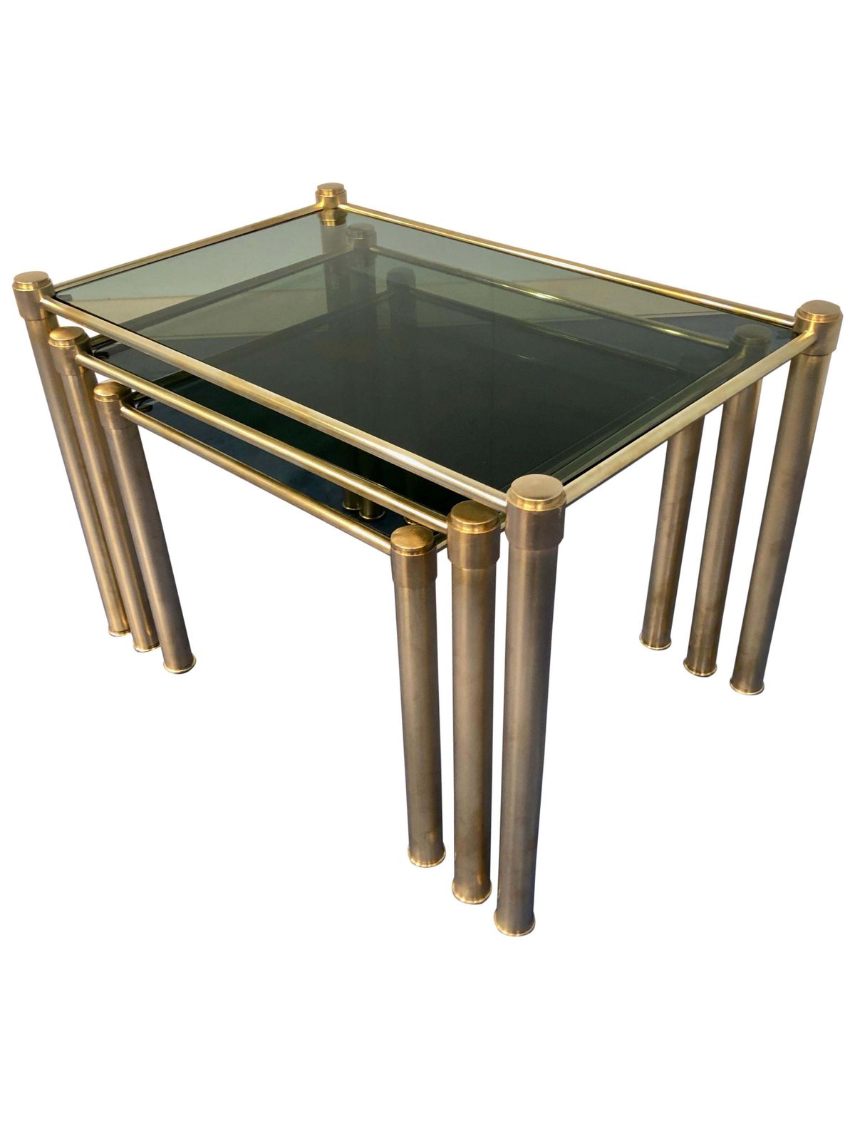 Italian Mid Century Modern Brass And Smoked Glass Nesting Tables, 1970s