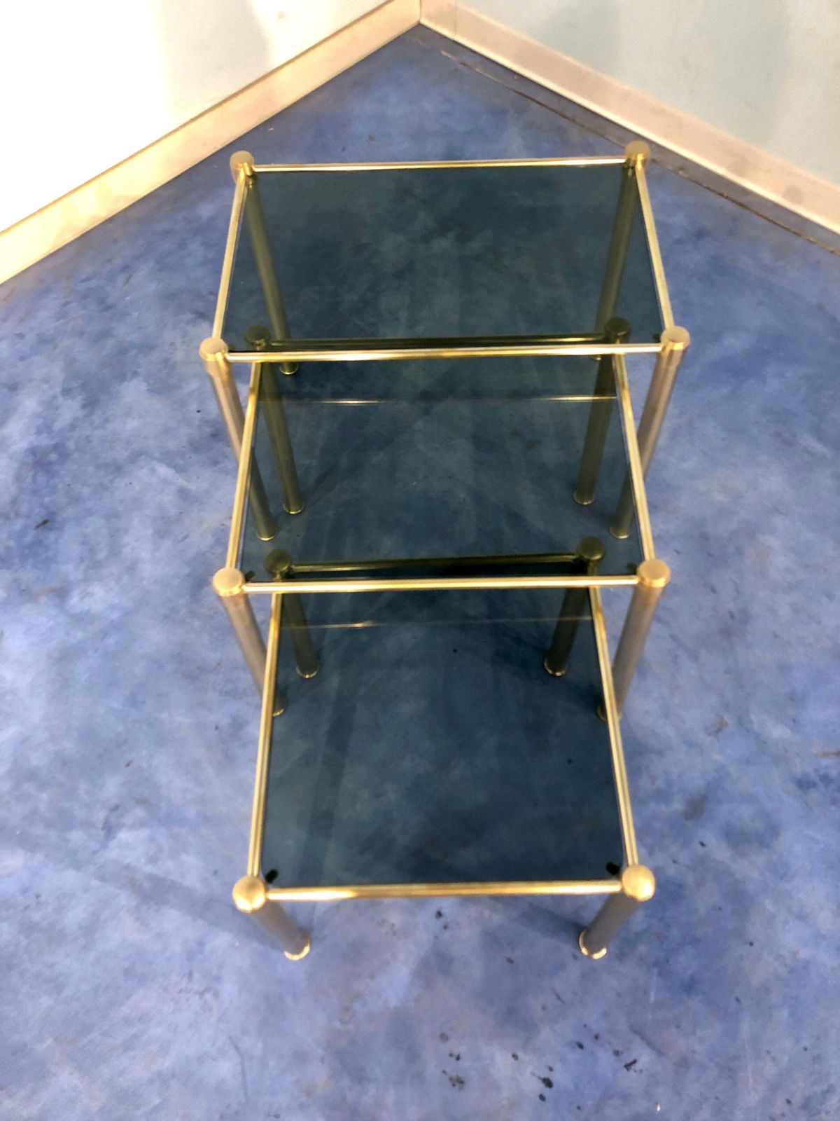 photo for sale Italian Mid Century Modern Brass And Smoked Glass Nesting Tables, 1970s