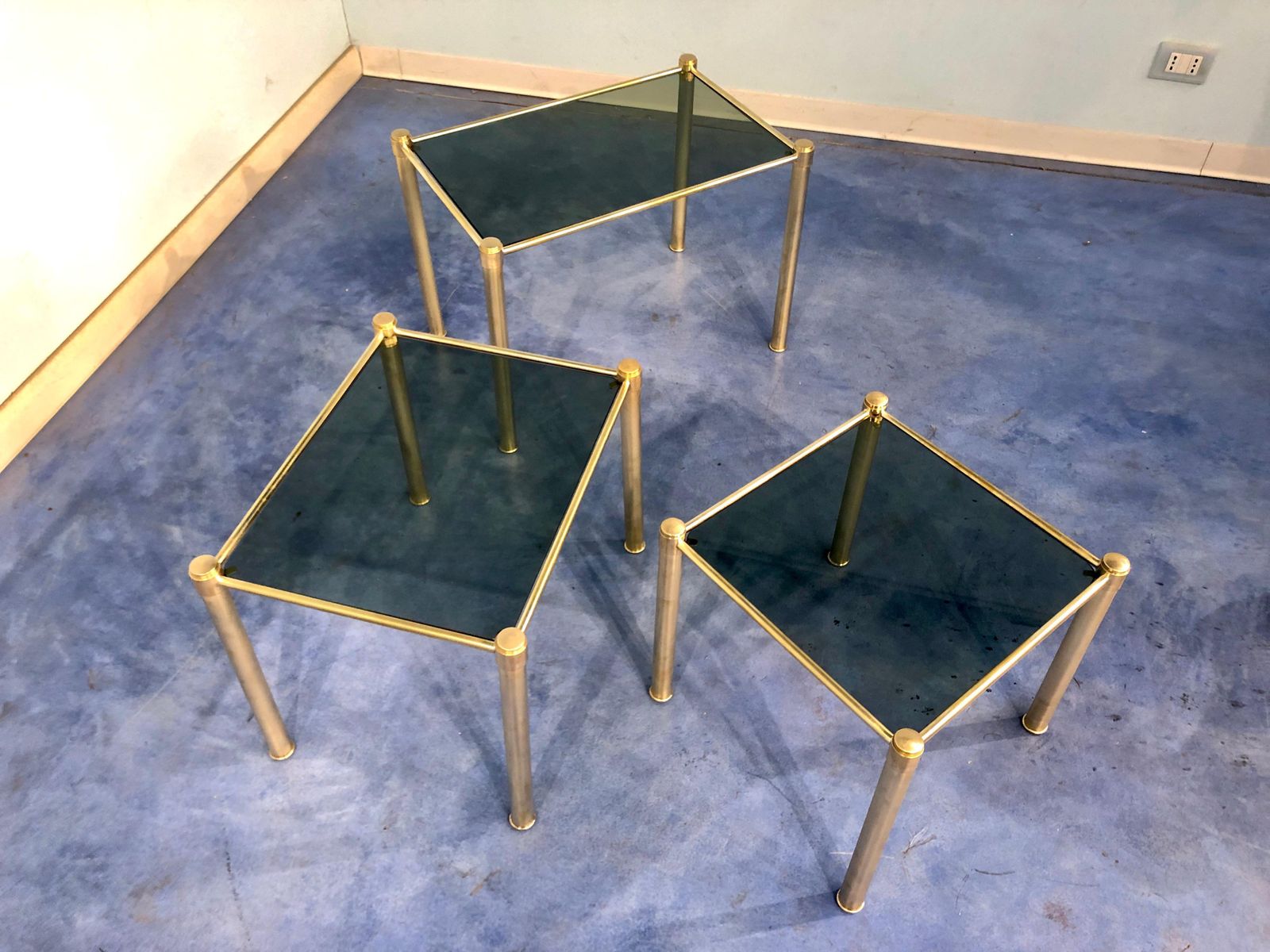 Furniture Italian Mid Century Modern Brass And Smoked Glass Nesting Tables, 1970s photo