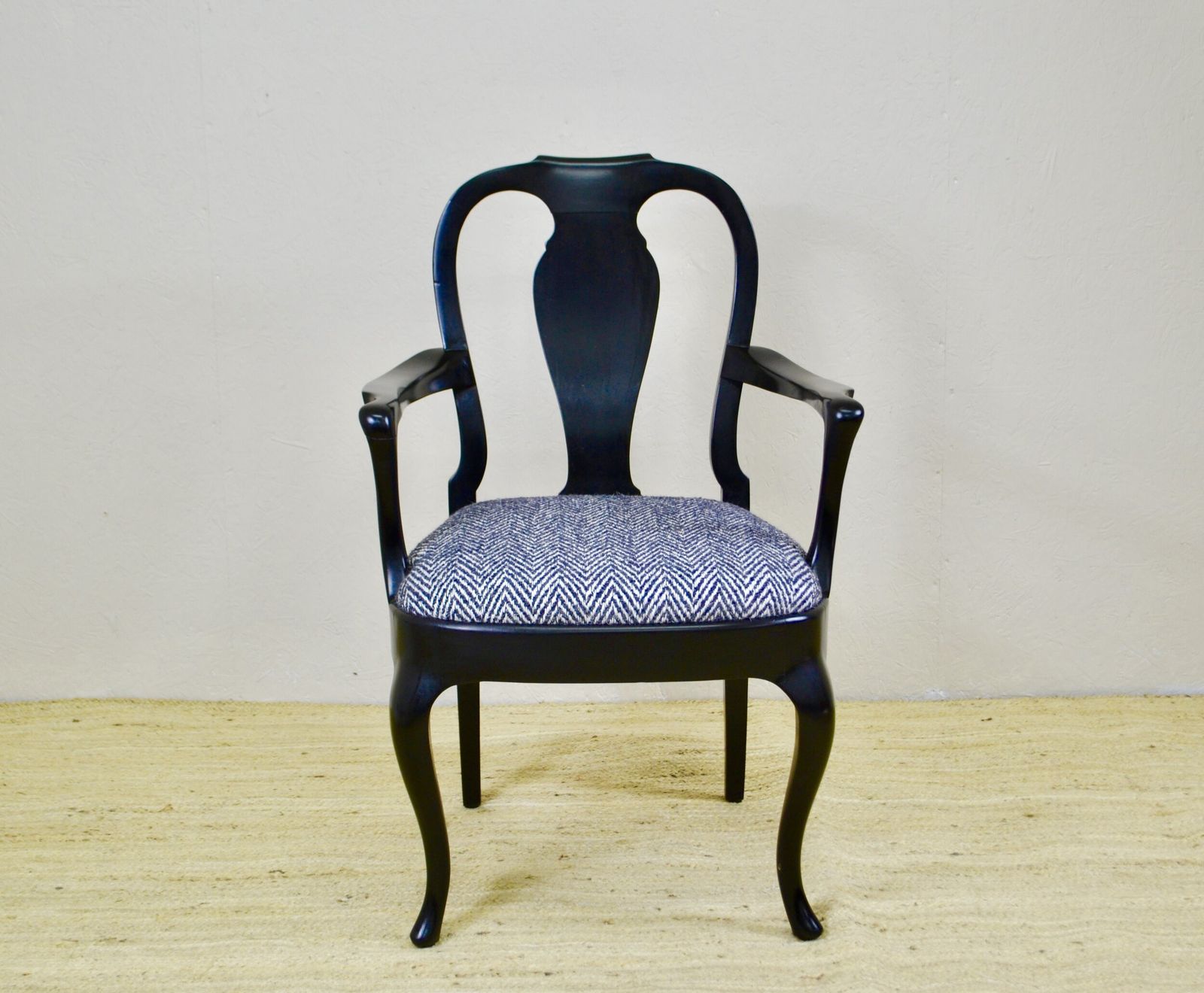 Rocco Style 19c. Ebonised Side Chair. Upholstered In Grey Chevron Fabric.