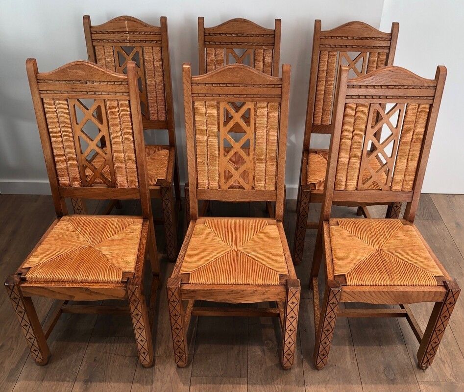 Set Of 6 Brutalist Chairs Made Of Ash And Straw. French Work, Circa 1950 photo furniture