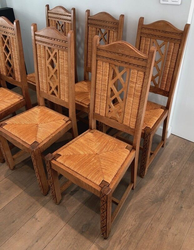 Set Of 6 Brutalist Chairs Made Of Ash And Straw. French Work, Circa 1950 photo for sale
