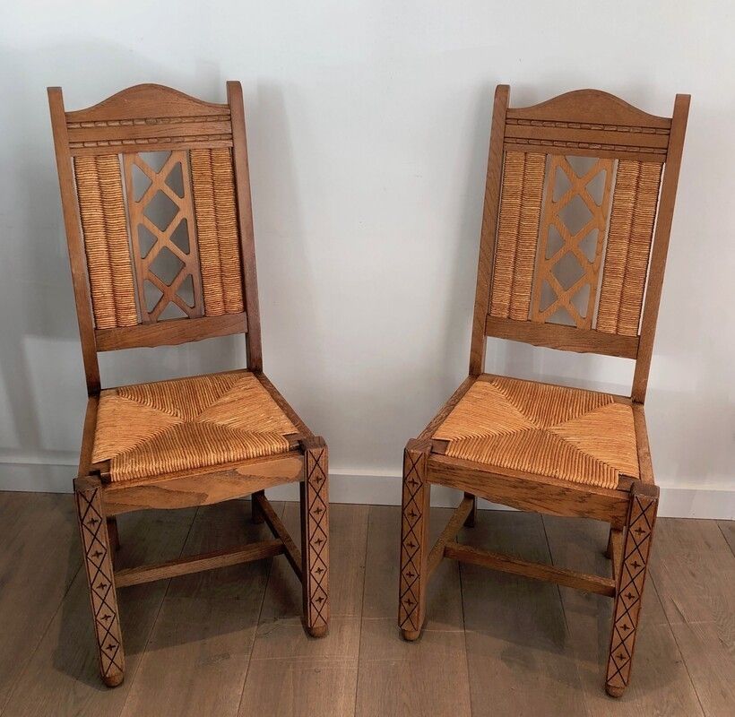 Set Of 6 Brutalist Chairs Made Of Ash And Straw. French Work, Circa 1950 photo Furniture