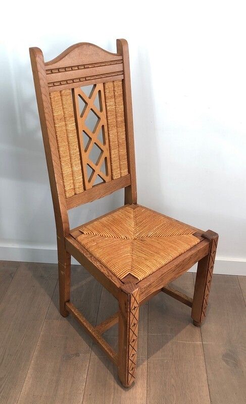 Set Of 6 Brutalist Chairs Made Of Ash And Straw. French Work, Circa 1950 photo 1500.0
