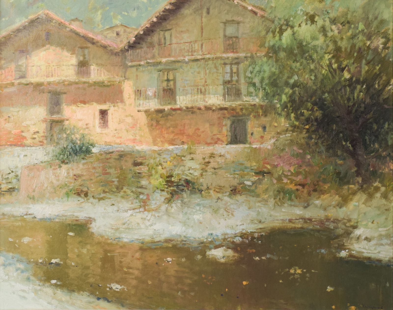 Joan Ramon Palau Junca – Impressionistisch Schilderij Met Rivier En Chalets