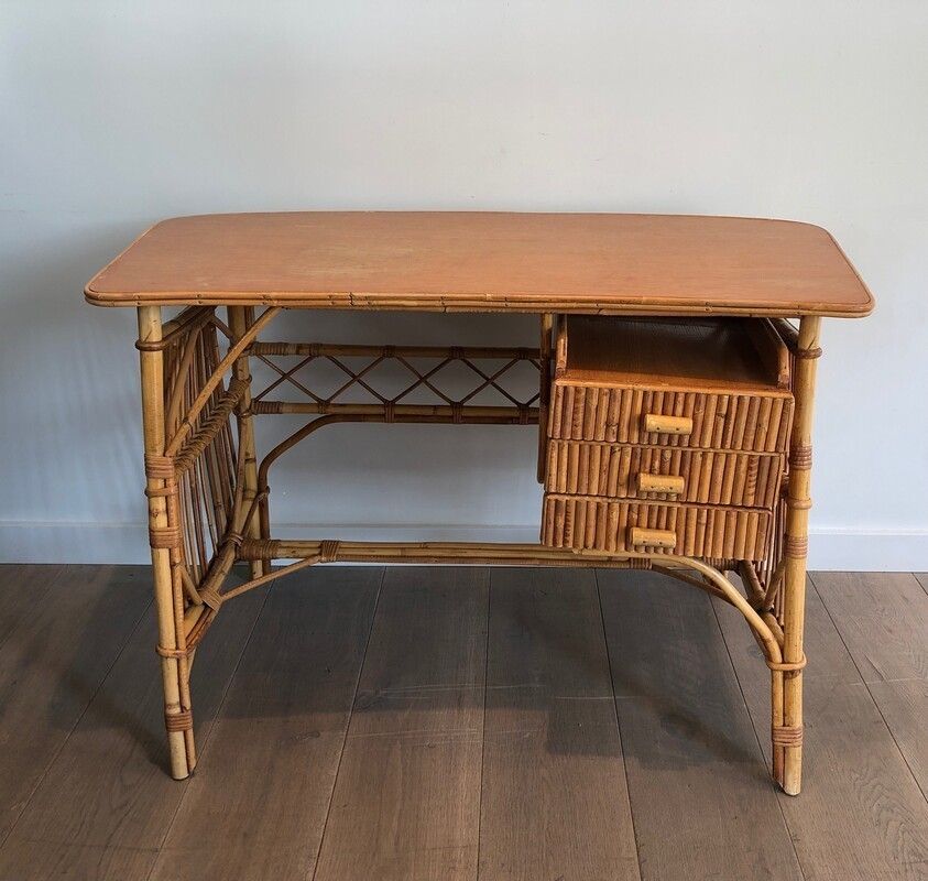 Attributed To Audoux Minet. Rattan Desk With Drawers. French. Circa 1970 photo furniture