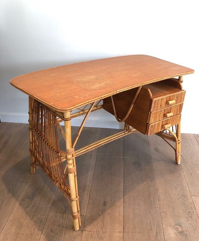 Attributed To Audoux Minet. Rattan Desk With Drawers. French. Circa 1970 photo 980.0