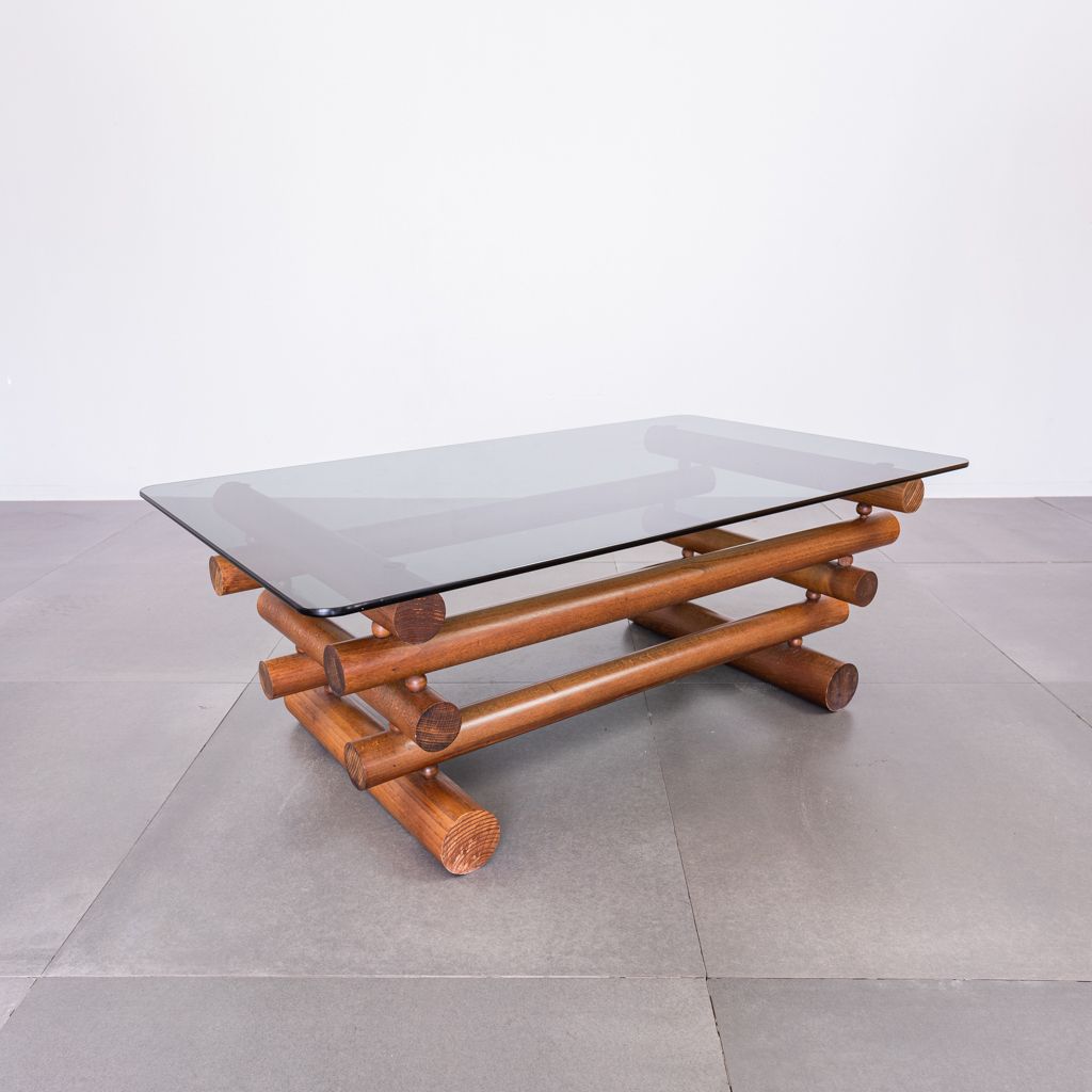 70s Vintage Modern Antique Smoked Glass Wood Coffee Table