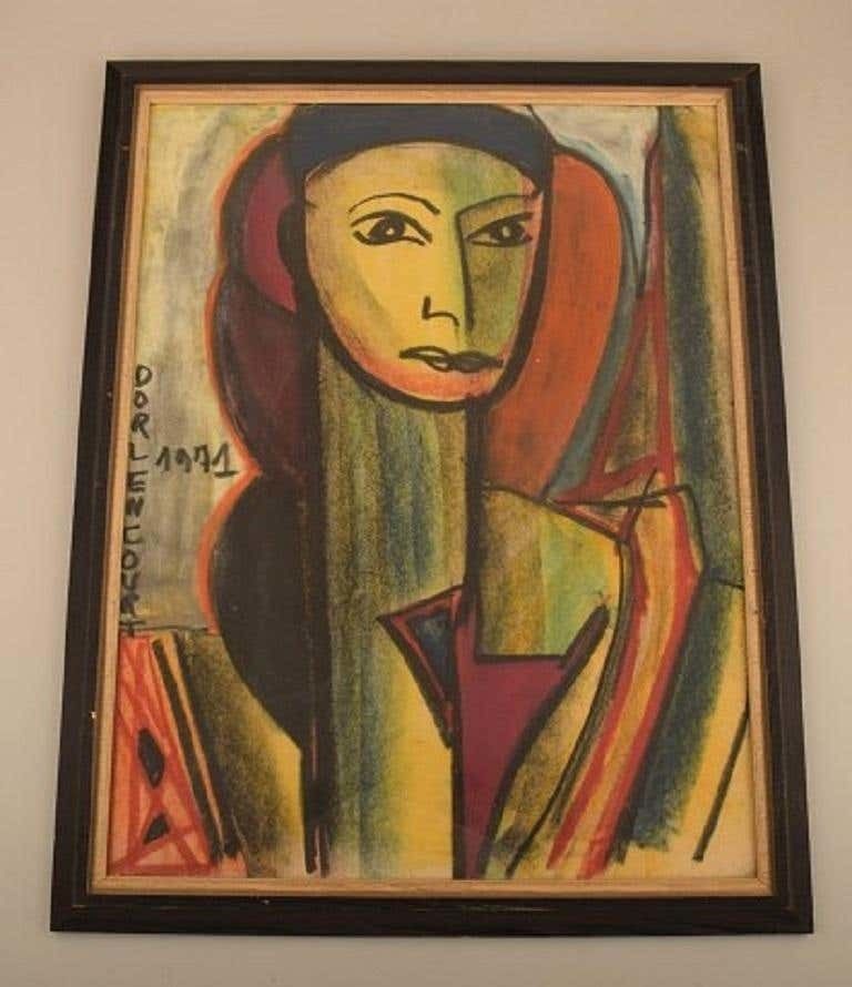 Dorlen Court, Mixed Media On Paper, Cubist Portrait Of A Woman, Dated 1971 photo furniture